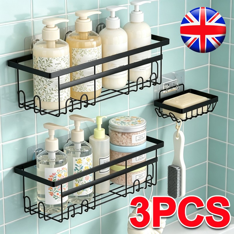 3x Self Adhesive Bathroom Shower Caddy Shelf Rack Storage Black Stainless Steel — image 3