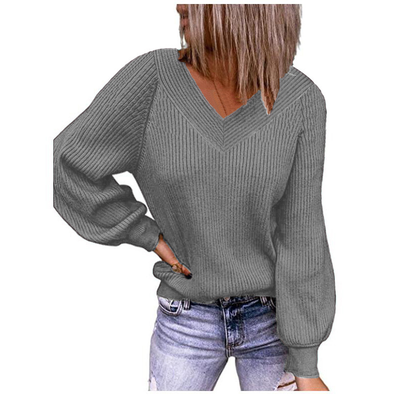 Autumn And Winter Solid Color Loose V-neck Pullover Knit Top