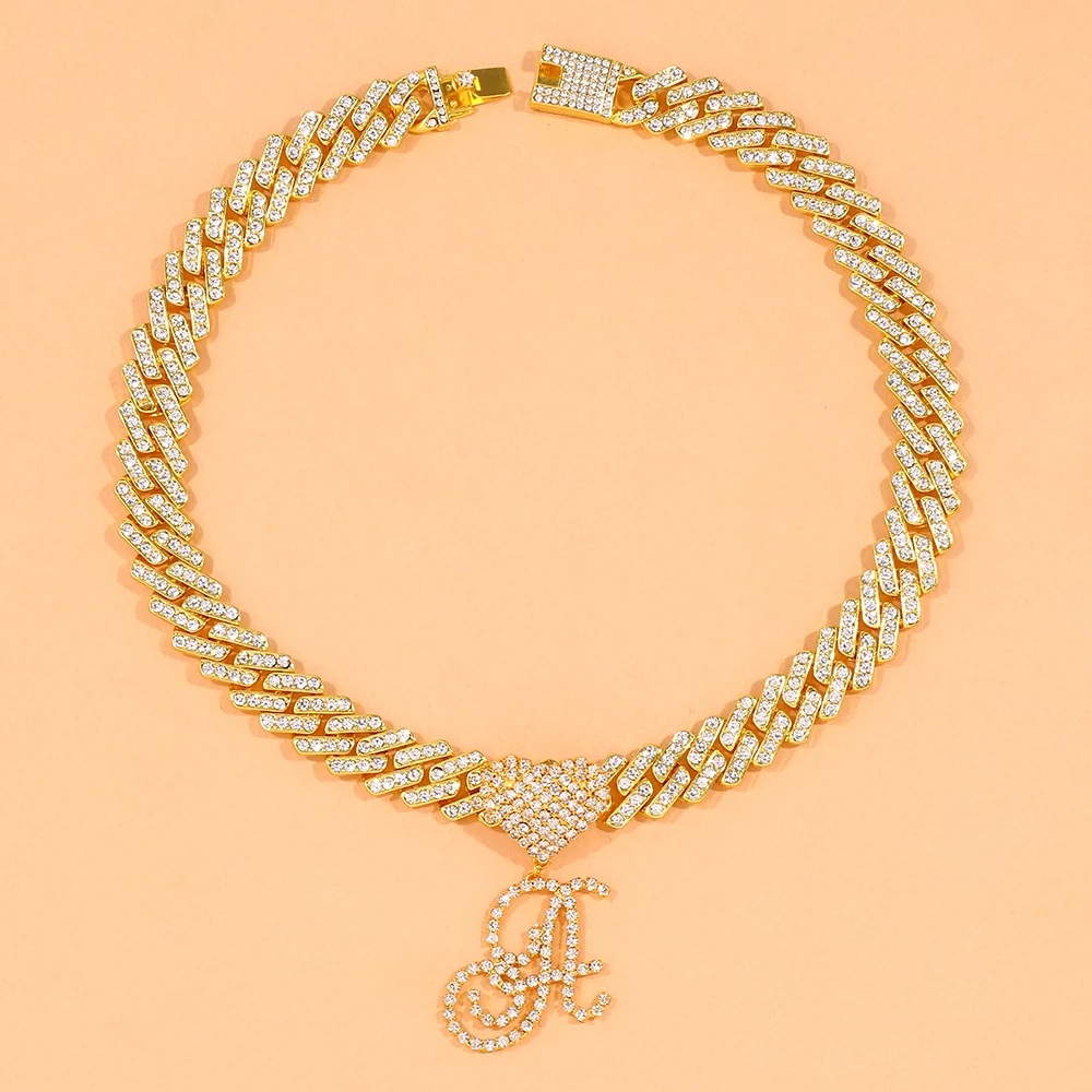Full Diamond Cuban Necklace Hip Hop Ear Accessories Love Letter Necklace