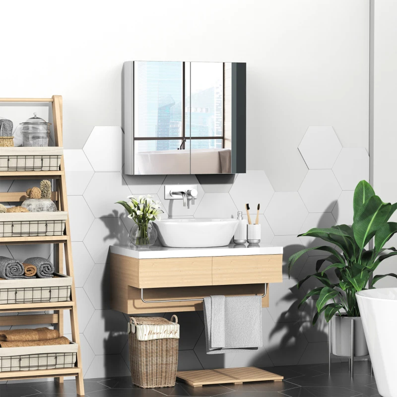 Kleankin Bathroom Mirrored Cabinet, Steel Frame Medicine Cabinet, Wall-Mounted Storage Organizer With Double Doors, White