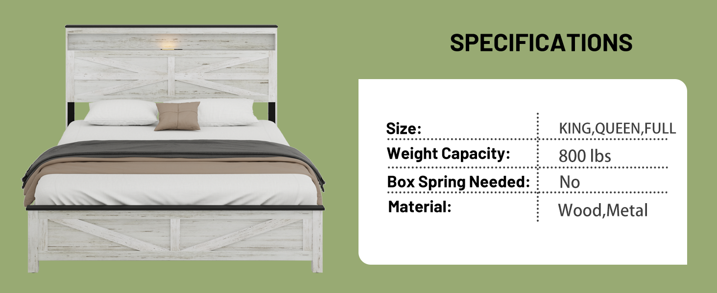 Queen Bed Frame With LED, Charging Station & Hidden Storage, White & Gray — foto 3