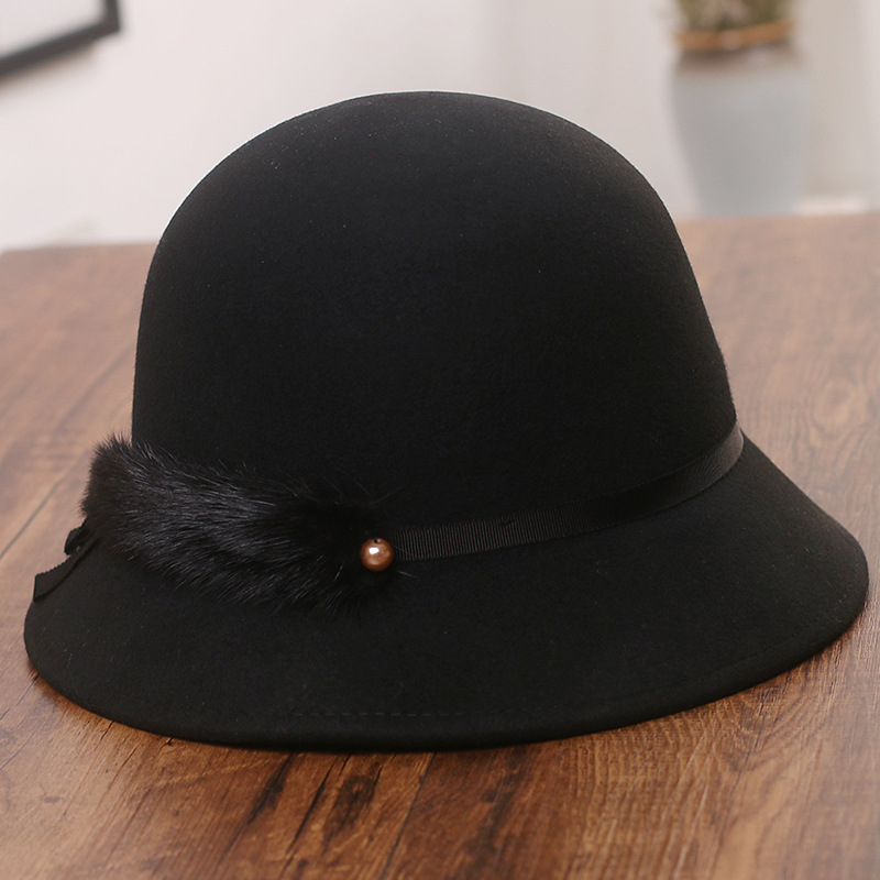 Hat Female Mink Fur Decoration Woolen Bowler Hat Korean All-match Warm Bucket Hat