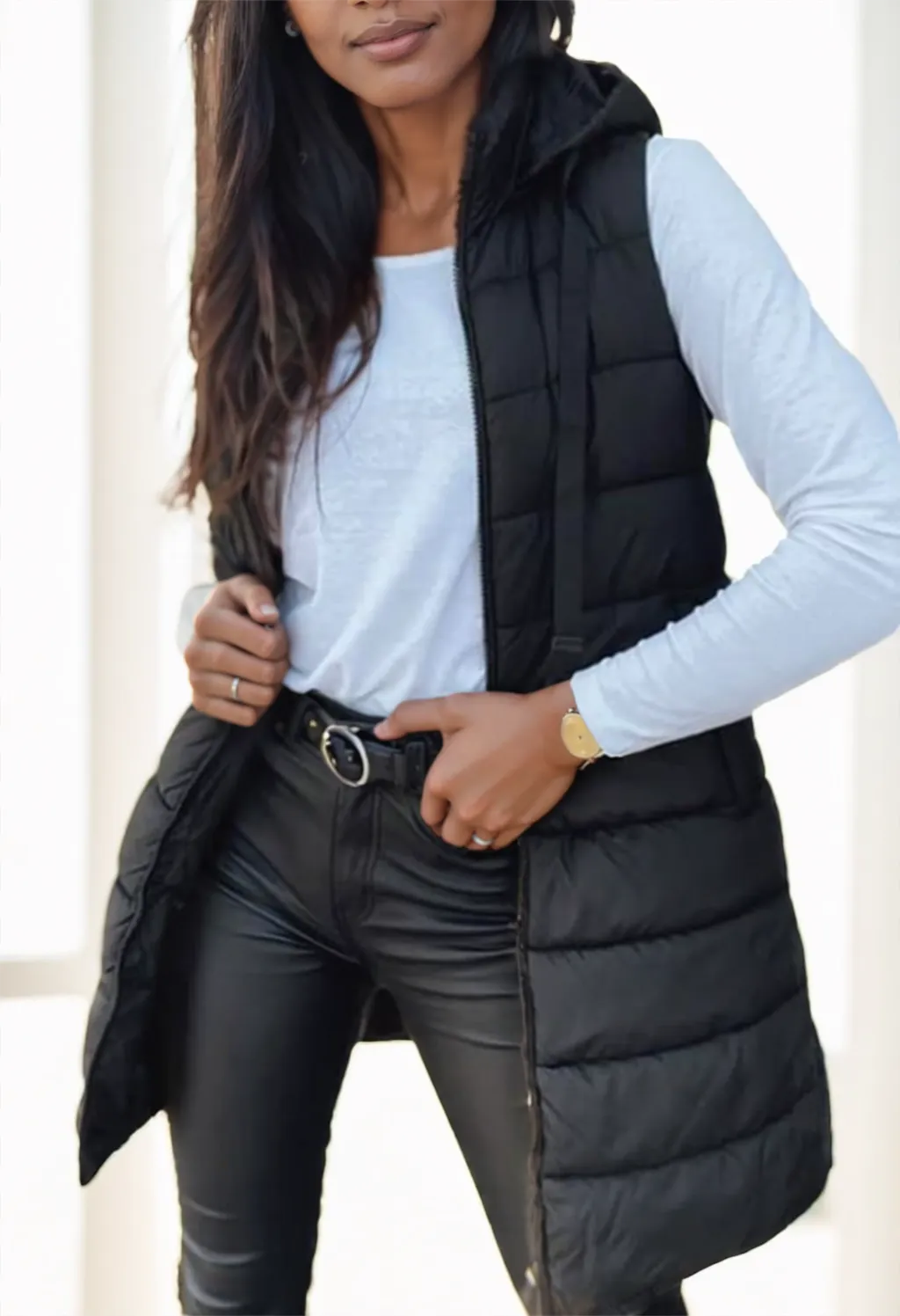Women'S Elegant Hooded Puffer Vest - Black