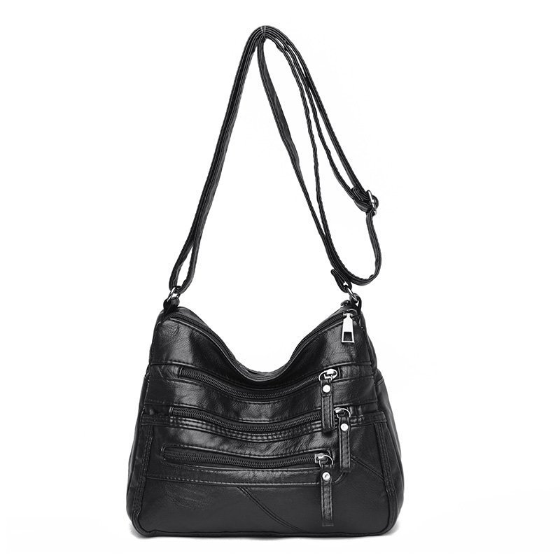 Large Capacity Single Shoulder Messenger Bag Ladies Multi layer Soft Leather Black - Shop at LoveMi