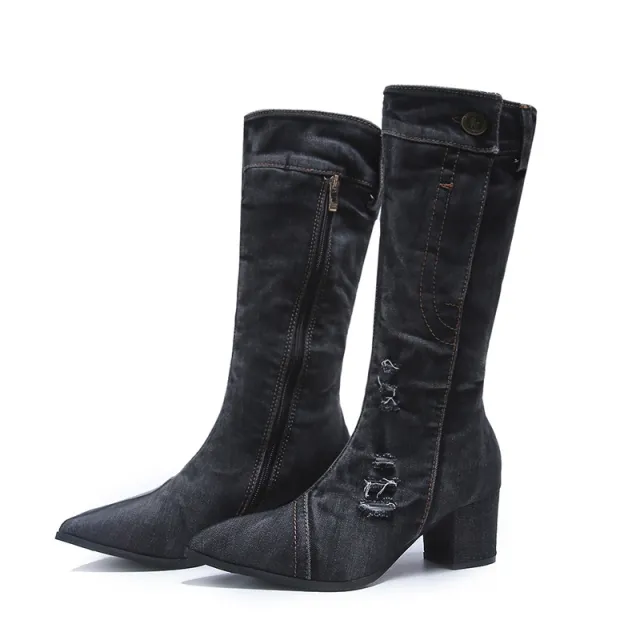 Pointed Toe Thick Heel Denim High Boots For Women Black - Shop at LoveMi