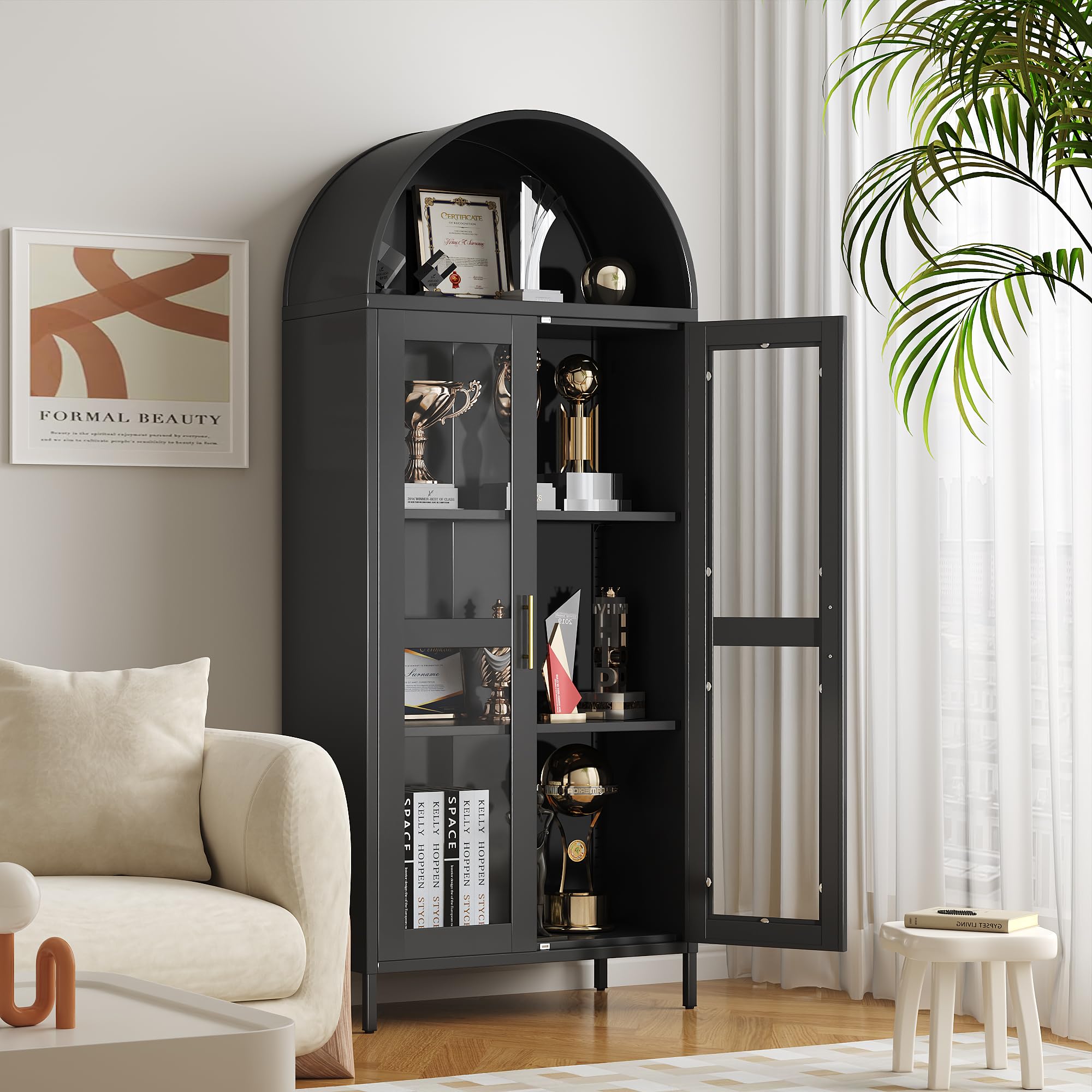 73inch Tall Arched Display Cabinet With Glass Doors, Metal Arched Curio Cabinet With 2 Adjustable Shelves For Living Room, Home Office, Assembly Required, Black