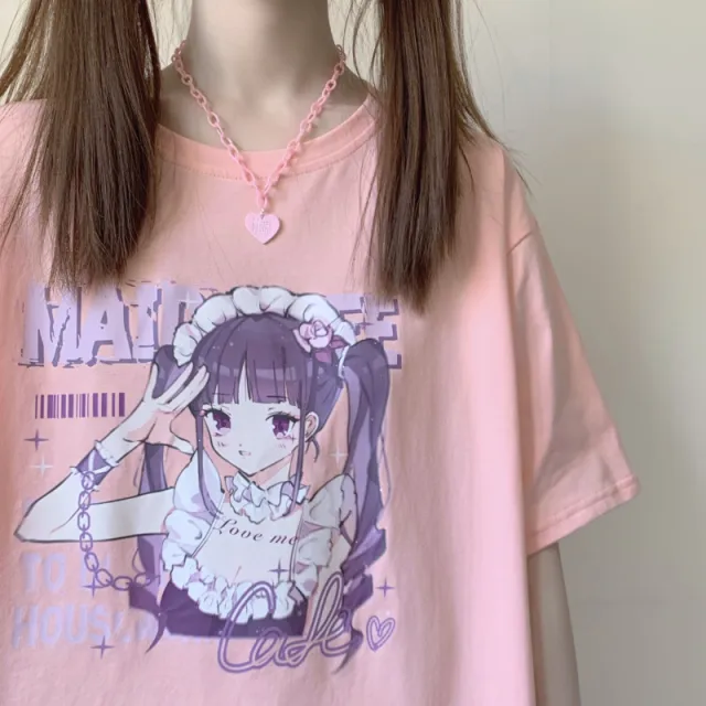 Anime Print White Short Sleeve T Shirt Women Pink - Shop at LoveMi