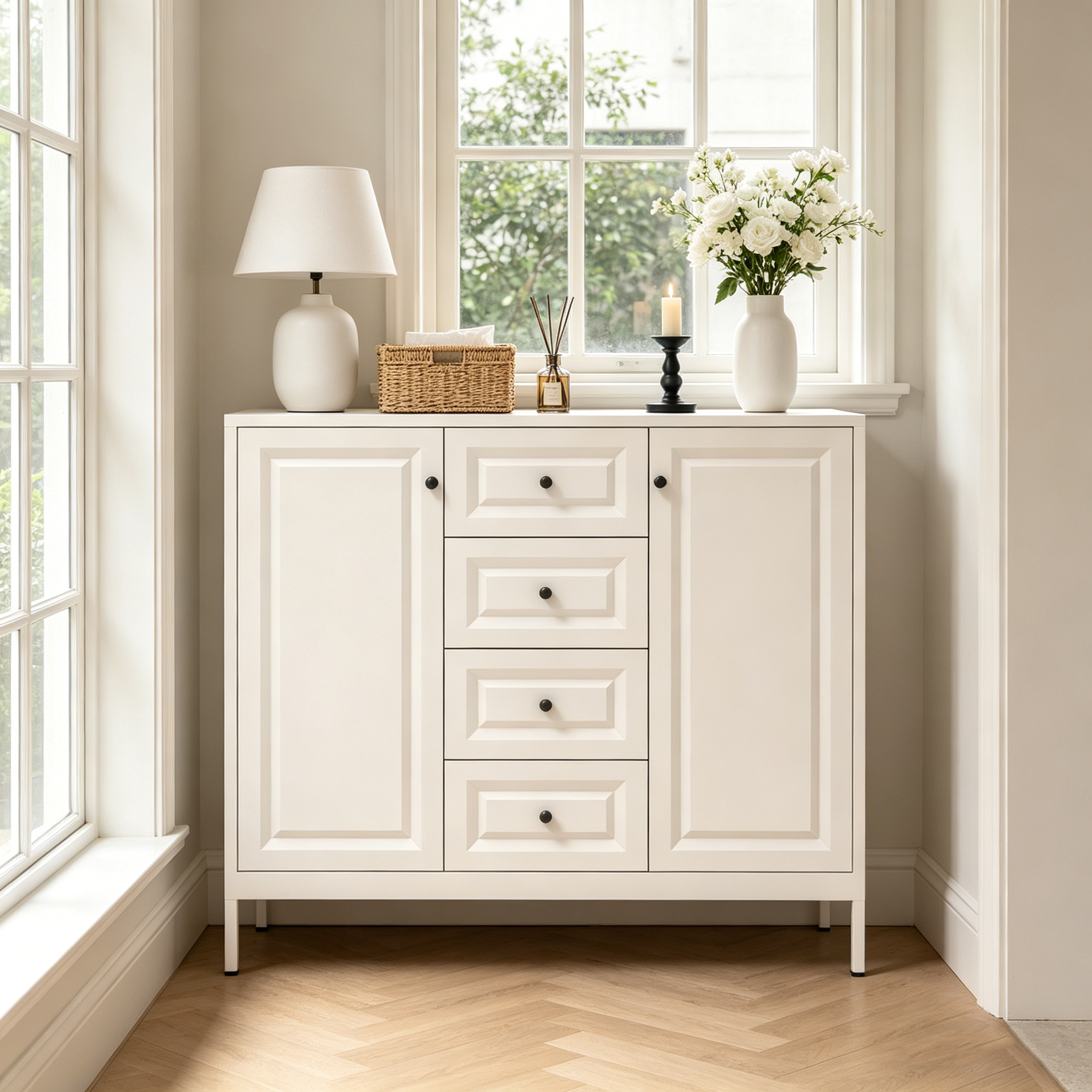 40.16'' Storage Sideboard Buffet Cabinet, Freestanding Accent Cabinet With 4 Drawers & 2 Doors, Adjustable Shelves Console Cabinet For Living Room, Kitchen ,Entryway ,Hallway ,Laundry Room Beige
