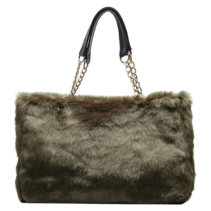 Ladies Large Capacity Plush Leopard Print Tote Bag - Green