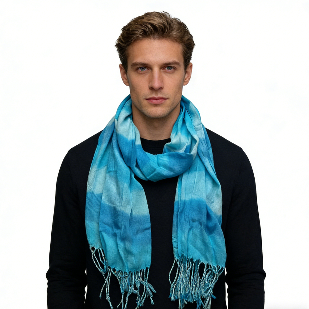 2pcs Turquoise Watercolor Printed Scarf For Women Men - Image 1