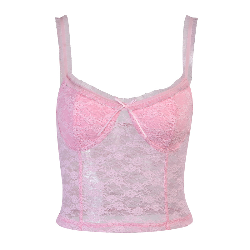 Solid Color Slim Fit Ins Strap Hollow Camisole Pink - Shop at LoveMi