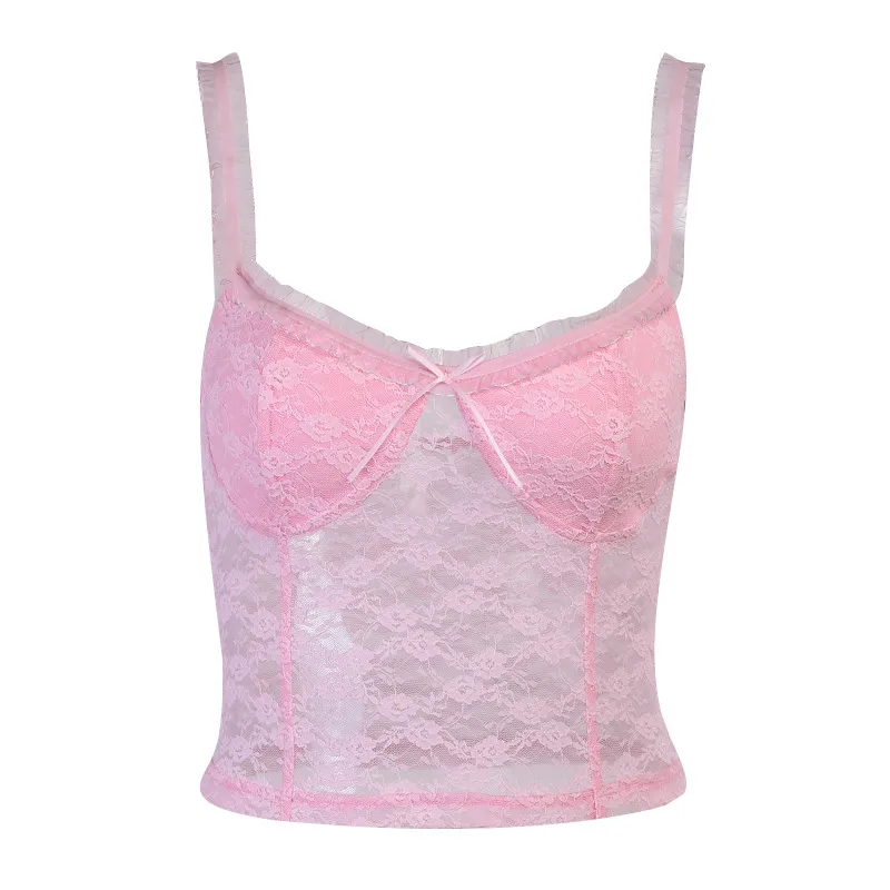 Solid Color Slim Fit Ins Strap Hollow Camisole - Pink