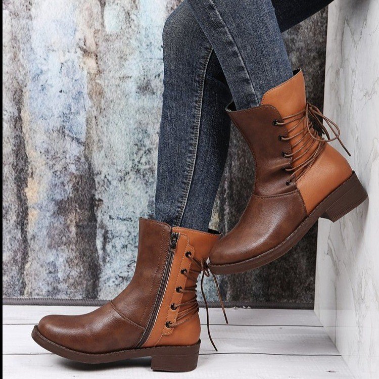Fashion New Round Head Belt Buckle Thick Heel Martin Boots Women