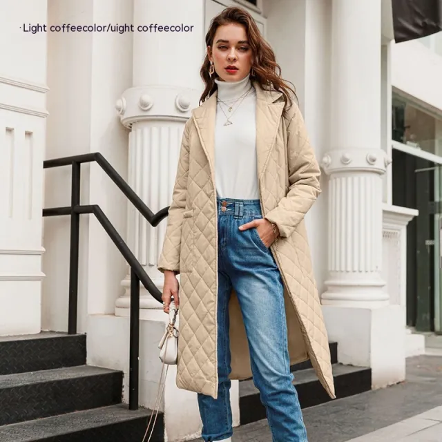 Cotton padded Coat Fashion Polo Collar Mid length Over The Knee Light Coffee - Shop at LoveMi