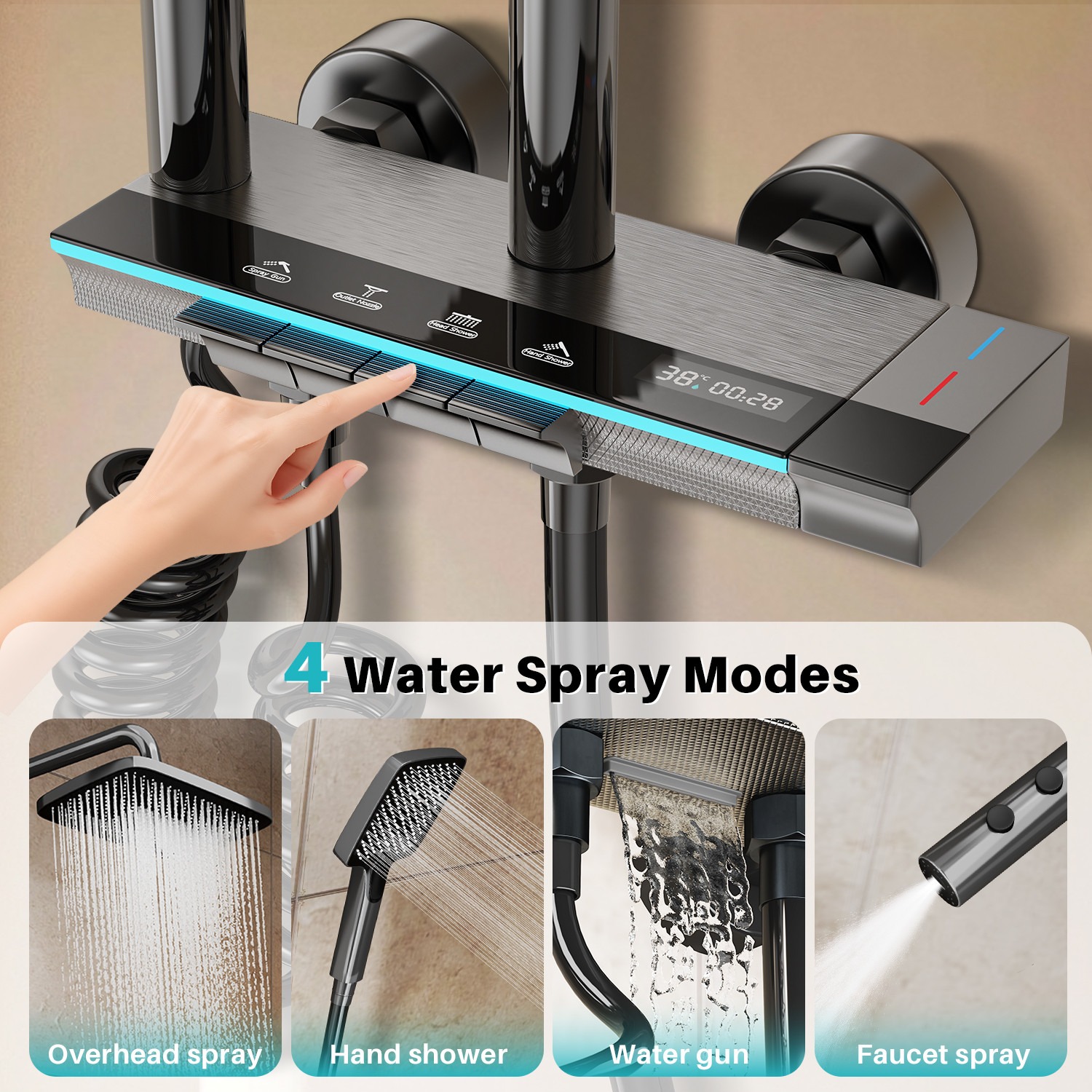 Bathroom Thermostatic Exposed Shower Mixer Twin Head Large Square Bar Set Chrome — image 4