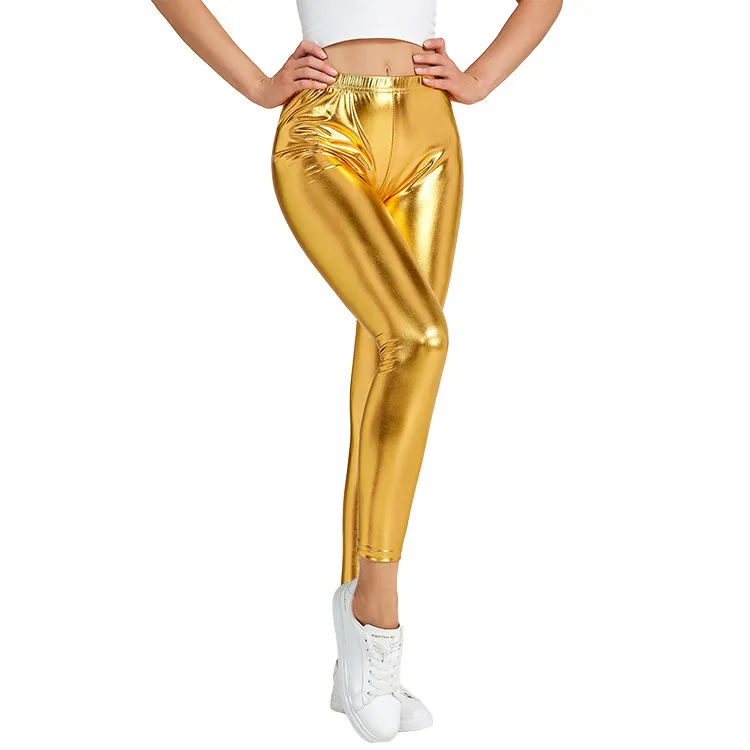Women's Bronzing Imitation Leather Pants Reflective At Night - Gold