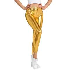 Women's Bronzing Imitation Leather Pants Reflective At Night - Gold - View 1