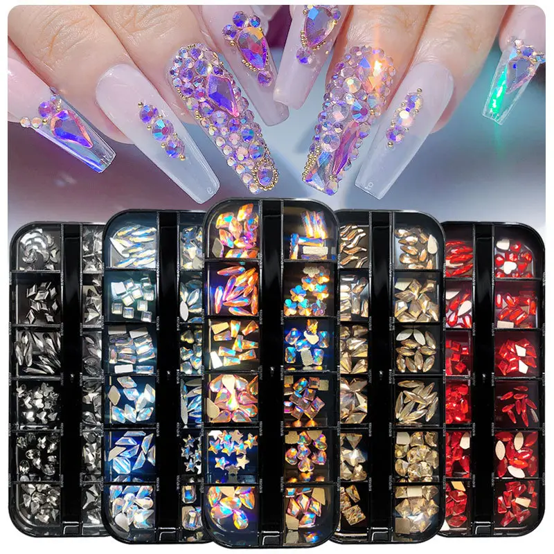 Boxed Flat Bottom Shaped Diamonds Colored Glass Rhinestone Nail