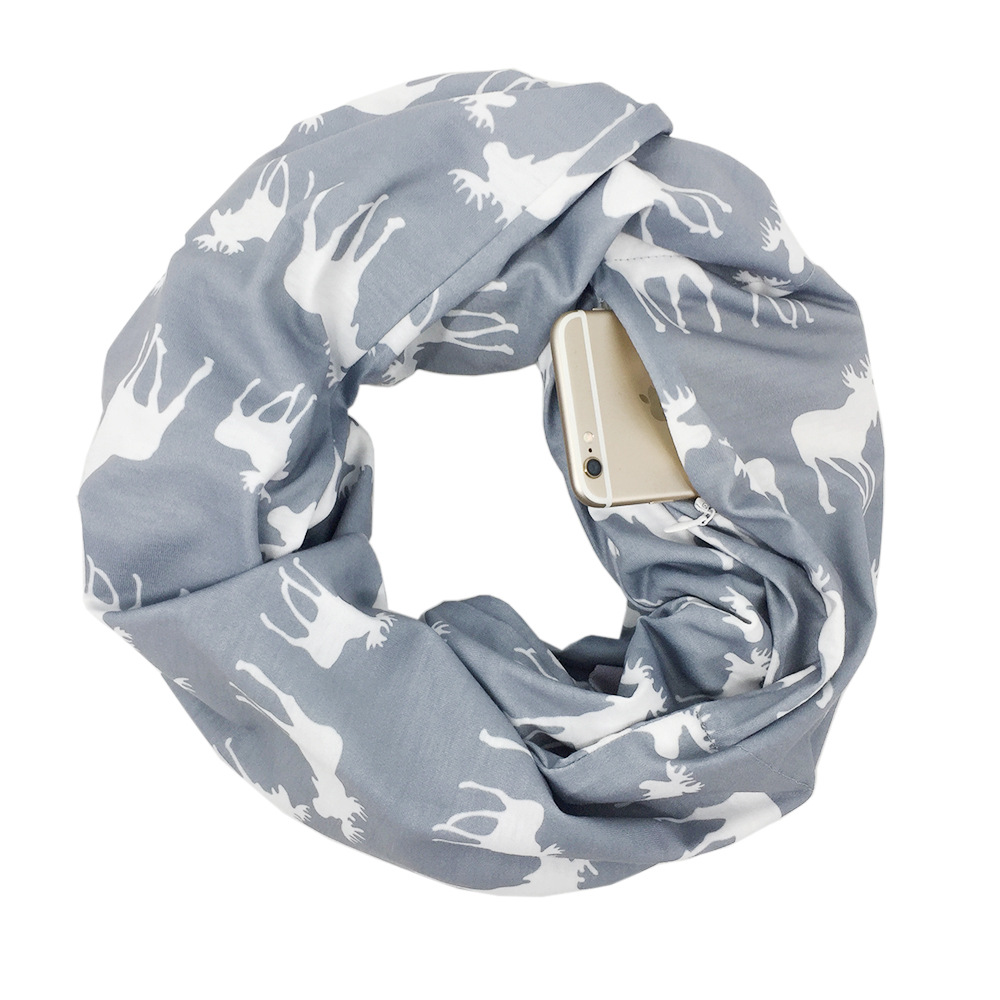 Christmas Themed Elk Print Zipper Pocket Scarf