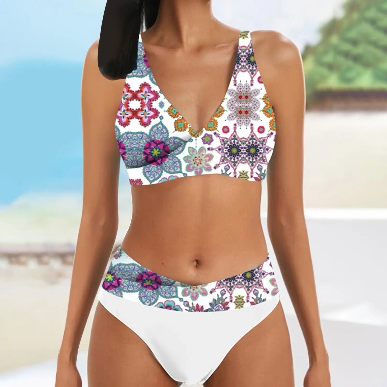European And American Hollow Split Print Stitching Swimsuit