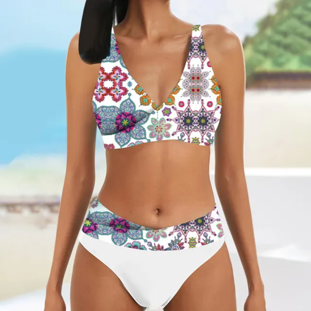 European And American Hollow Split Print Stitching Swimsuit White - Shop at LoveMi