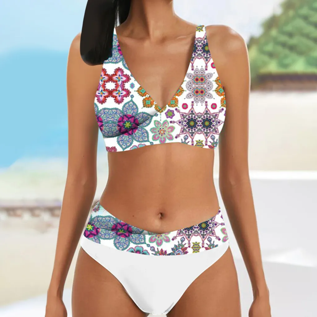 European And American Hollow Split Print Stitching Swimsuit - White