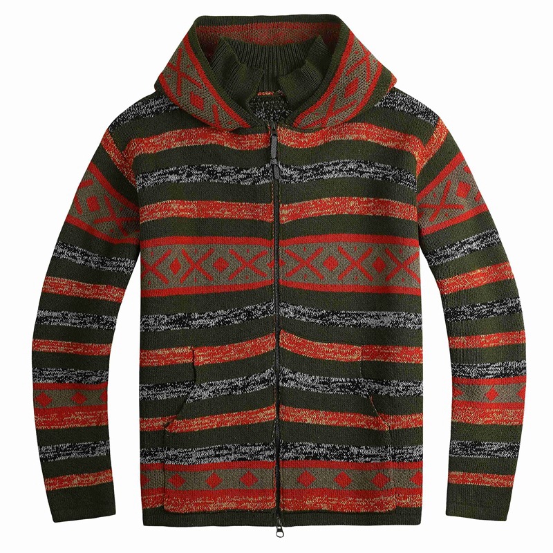 Men's Striped Jacquard Hooded Zipper Knit Cardigan
