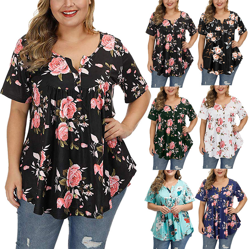 Title 4, New Ladies V-Neck Button Plus Size Printed Shor...