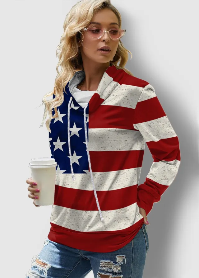 Women's Check Printed Long Sleeve Drawstring Turtleneck Sweatshirt Flag Xl - Shop at LoveMi