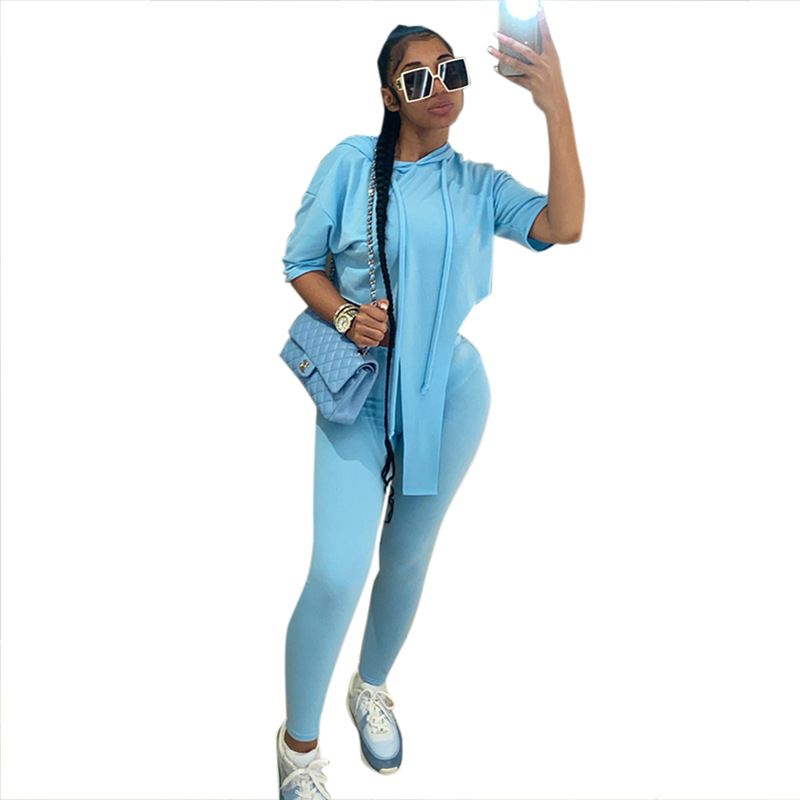 Solid Color Hooded Short-sleeved Slim Nine-point Pants Sweater Suit Women