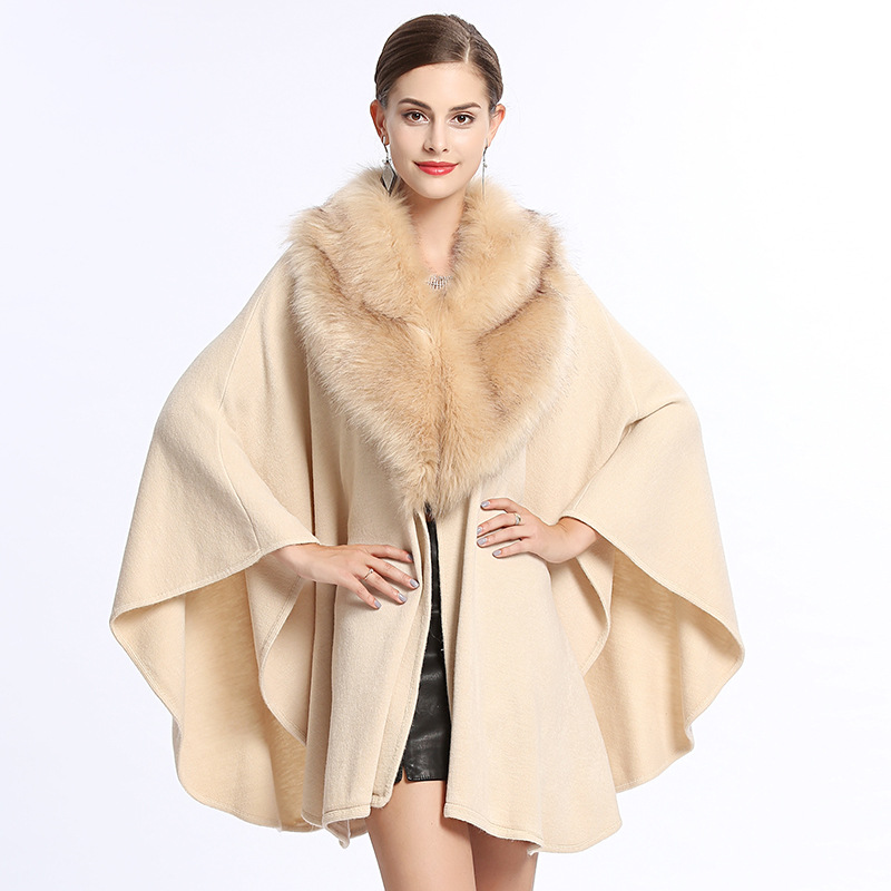 Women's Faux Fox Fur Big Collar Loose Oversized Knit Shawl Cape