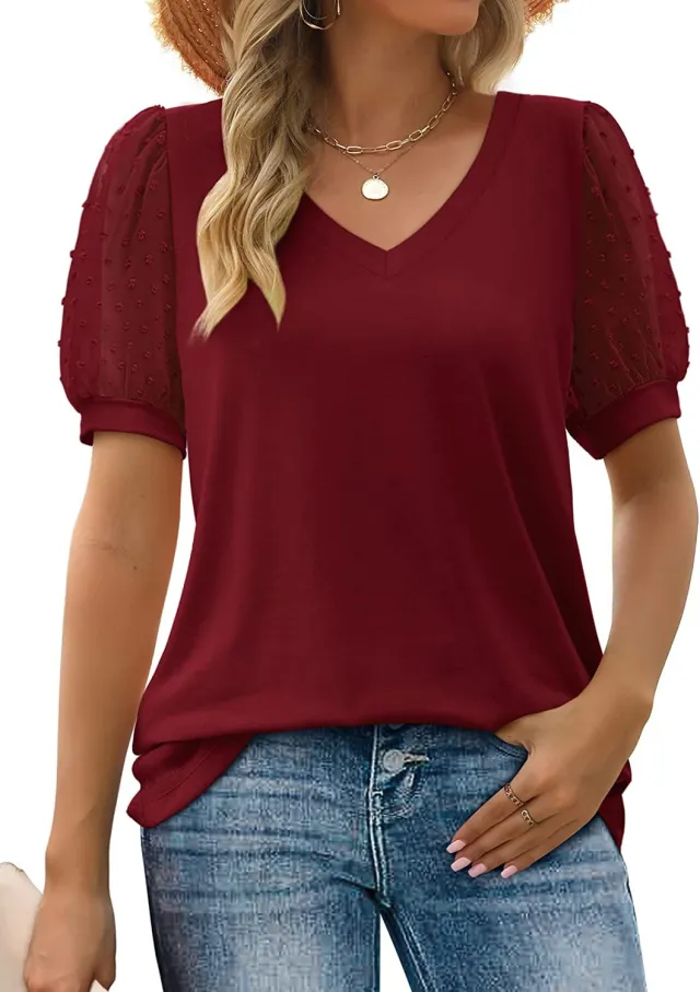 Womens Summer Tops V Neck T Shirts Dot Puff Sleeve Tops Loose Casual Tshirts Burgundy - Shop at LoveMi