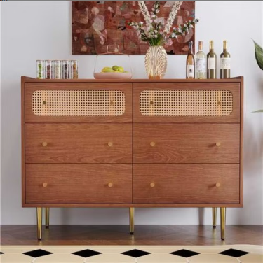 Rattan Sideboard Cabinet For Living Room, Chest Of Drawers With 6 Walnut - 40D — image 9