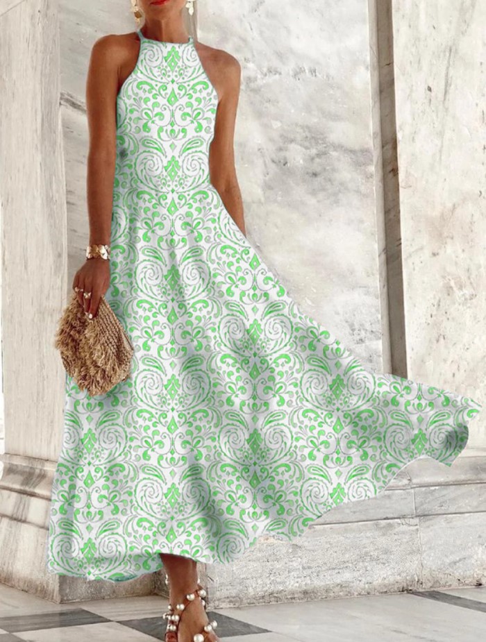 Printed Suspender Waist Long Swing Dress