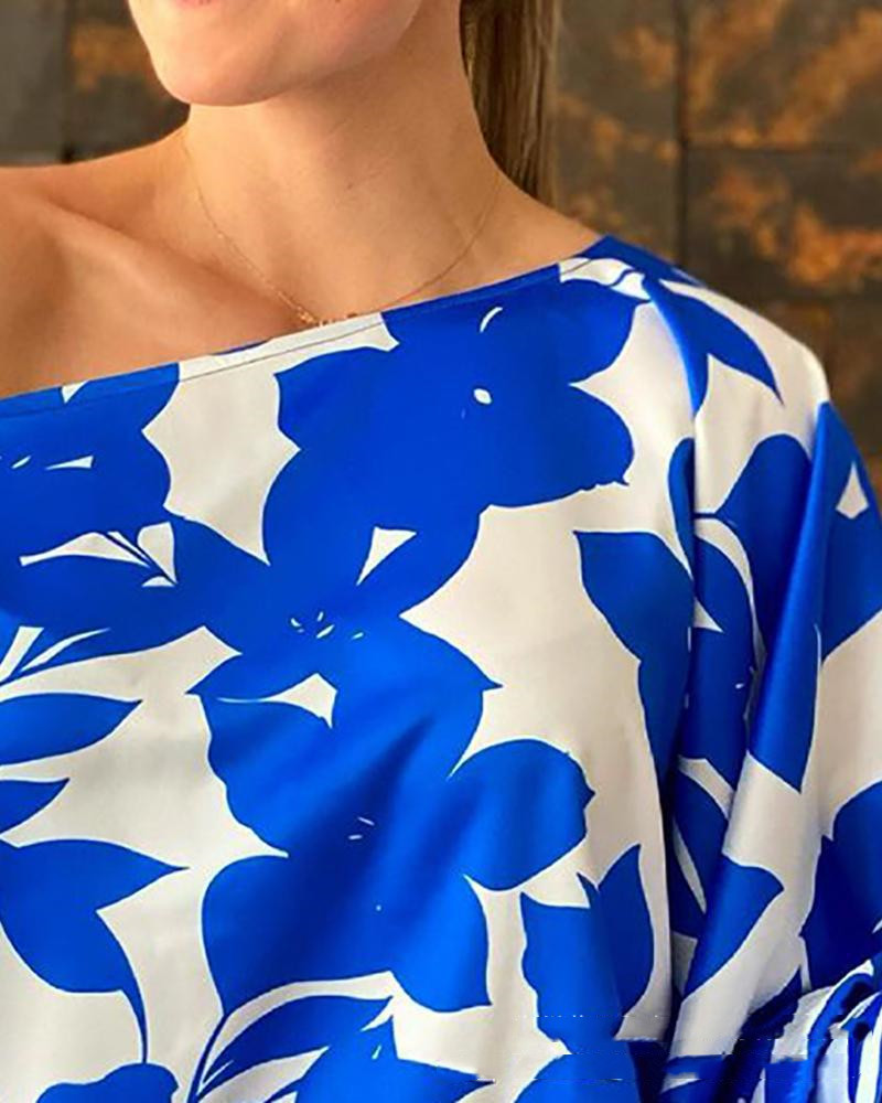 Women's Blue Off-shoulder Loose Print Top