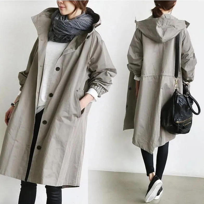 Casual Style Windbreaker Women's Mid-Length Waist Long-Sleeved Jacket - Grey