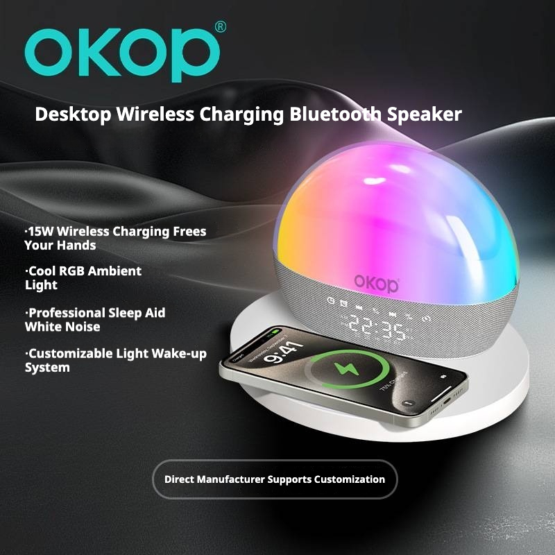 KP-818 Hot-selling 15W Desktop Bluetooth Speaker Featuring Wireless Charging Alarm Clock Timer RGB Ambient Lighting And White Noise 4