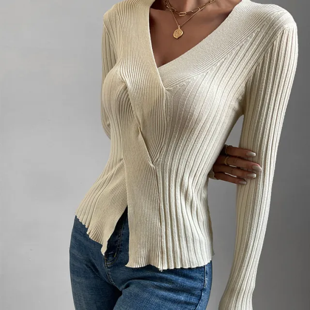 V Neck Cross Knot Long Sleeve Top Beige - Shop at LoveMi