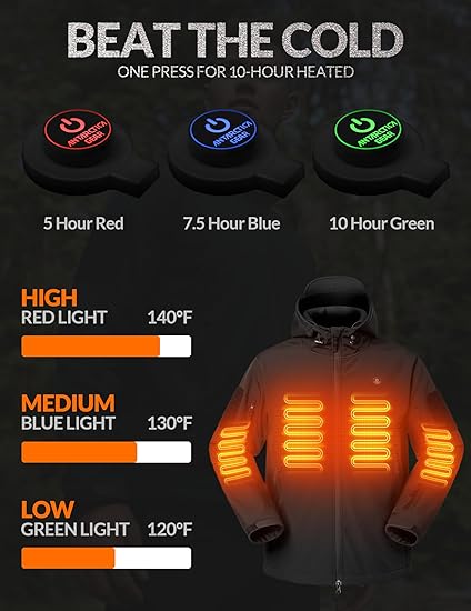 Men's Heated Winter Jacket with Battery Pack. WATER-RESISTANT SOFT SHELL MATERIAL: ANTARCTICA GEAR heated jacket built with upgraded high-quality water-resistant soft shell fabric. Our heated jacket keeps you warm in cold winter weather. The interior is m