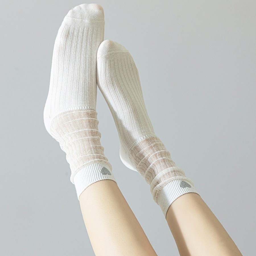 Ballet Style Socks For Children In Spring And Summer, Thin Design, Stacked Vertical Stripes, Embroidered Heart-shaped Socks, Mid Tube Socks