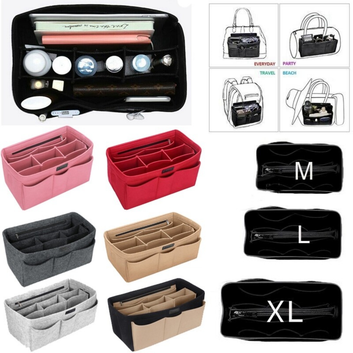 Women Organizer Handbag Felt Travel Bag Insert Liner Purse Organiser Pouch M-XL — image 9