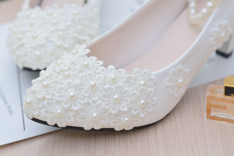 White Bridesmaid Shoes With Lace And Pearl Straps