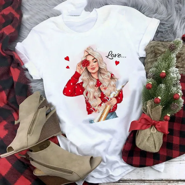 Christmas Print Girlfriends Red T Shirt 32812White - Shop at LoveMi