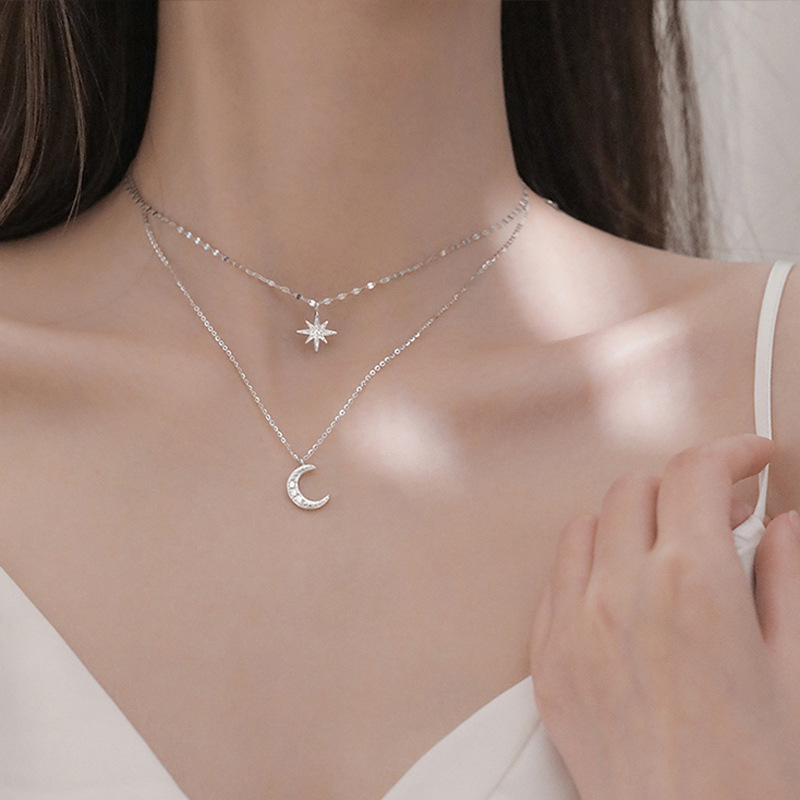 Actress Moon 925 Double Six Pointed Star Necklace