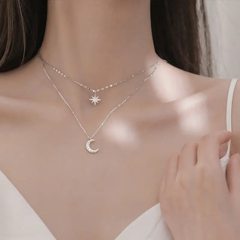 Actress Moon 925 Double Six Pointed Star Necklace