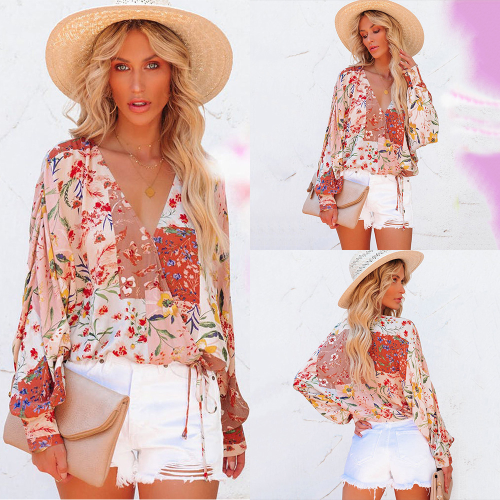 European And American Floral V-neck Long-sleeved Loose Casual Shirt