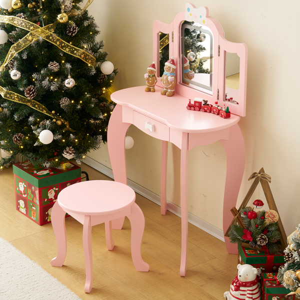 Kids Vanity Table And Chair Set, 2-in-1 Girls Vanity With Tri-Folding Mirror &... 14