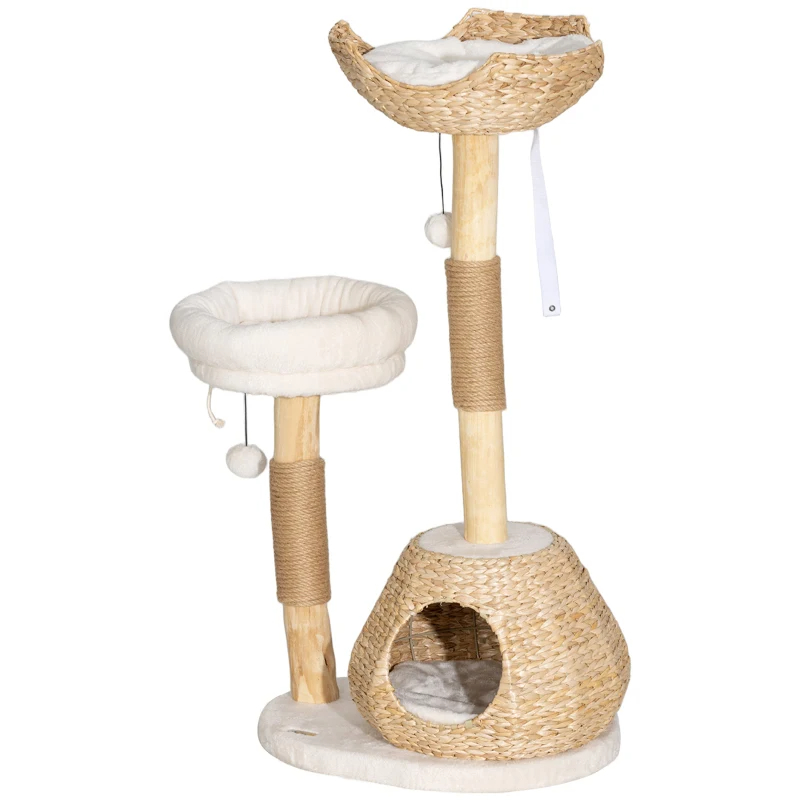 Cat Tree For Indoor Cats With Wooden Cat Scratching Posts, Cat Condo, Cat Beds & Toy Balls, Cream White