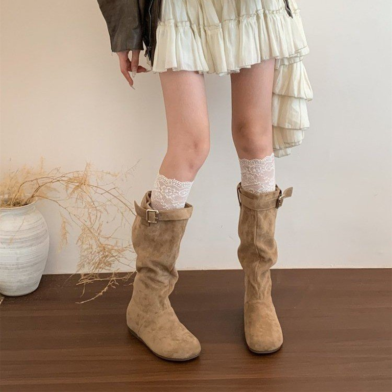 Women Vintage Suede Slouchy Tall Boots Oblique Buckle Western Cowboy Boots Retro Ruched Knee High Boots