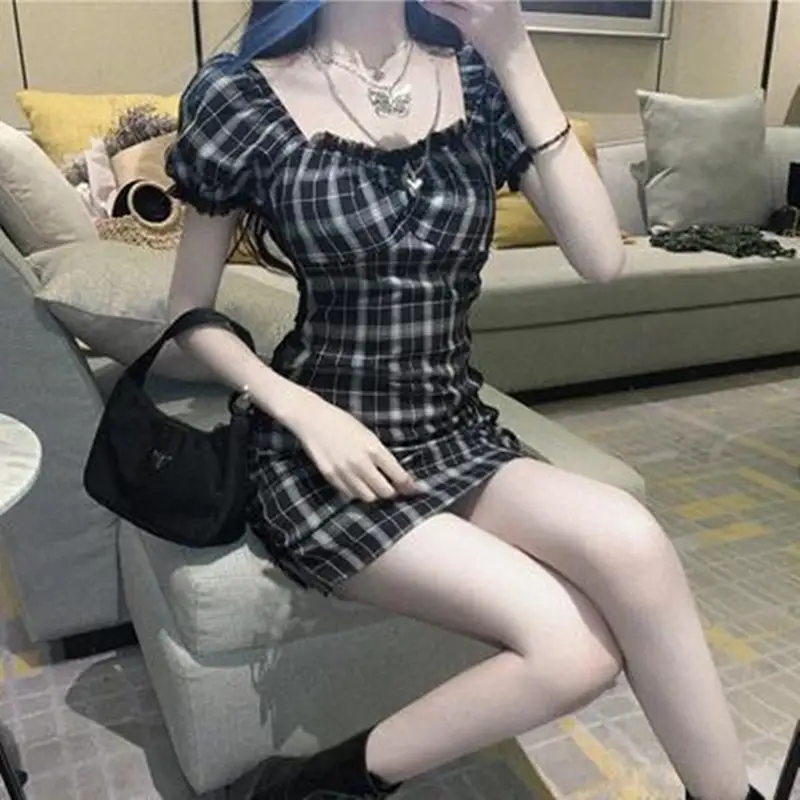 Puff Sleeve Mesh Stitching Plaid Dress